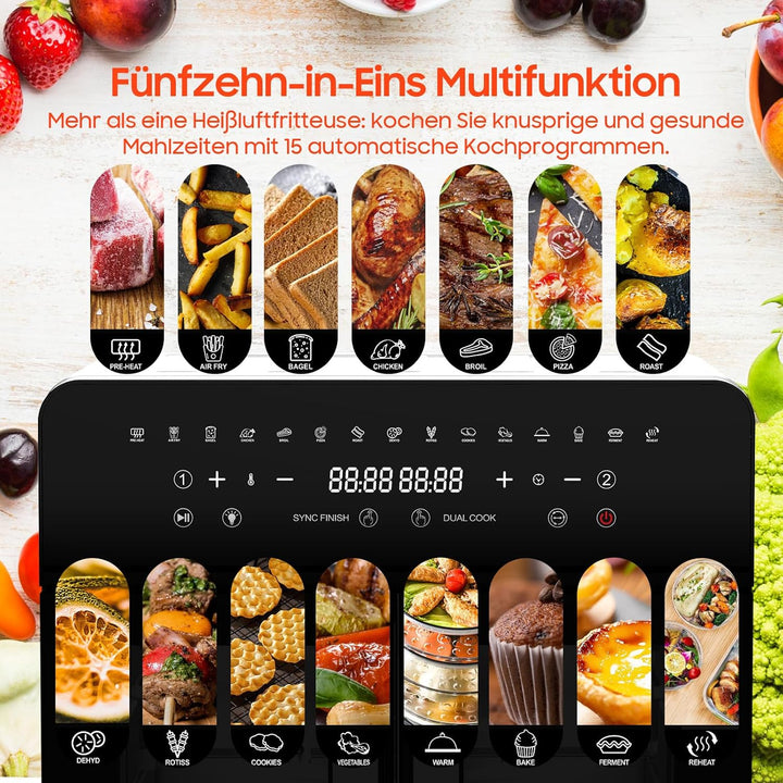 Heissluftfritteuse Dual Zone 23L - XXL Airfryer mit herausnehmbarem Trenner, Heissluftfritteuse mit