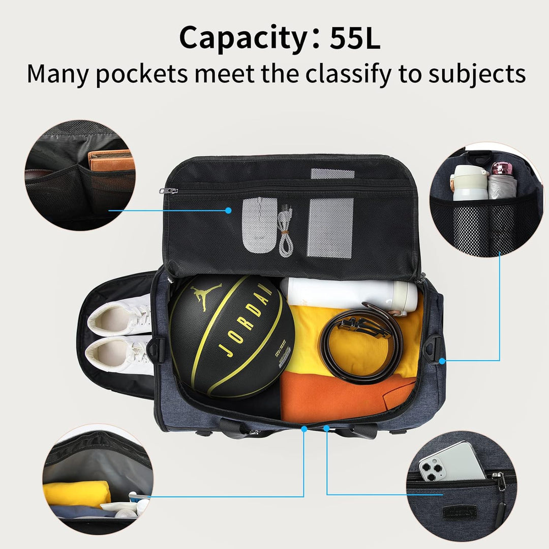 Lubardy Sporttasche Reisetasche Gross 55L Wasserdicht mit Sporthandtuch Schuhfach Nassfach Weekender