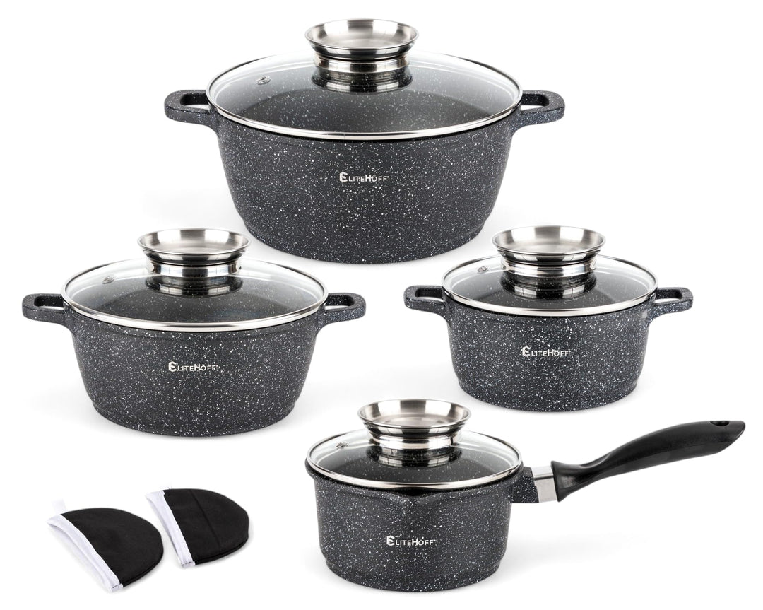 EliteHoff Induktion Topfset mit Stieltopf, 9-tlg Kochgeschirr-Set 16/16/20/24 cm, Kochtopf mit Decke