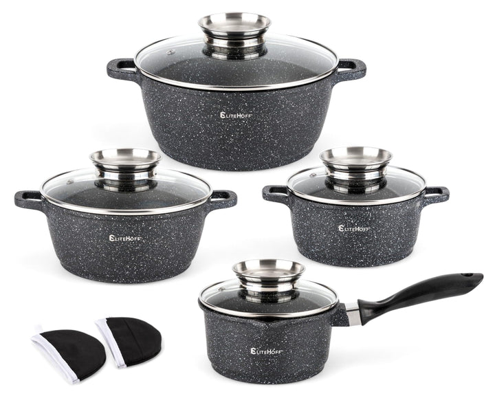EliteHoff Induktion Topfset mit Stieltopf, 9-tlg Kochgeschirr-Set 16/16/20/24 cm, Kochtopf mit Decke