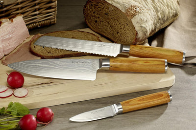 Echtwerk Damastmesser Set 3 teilig, Küchenmesser, Damaszener, Messer mit Holzgriff, Braun/Silber, 36