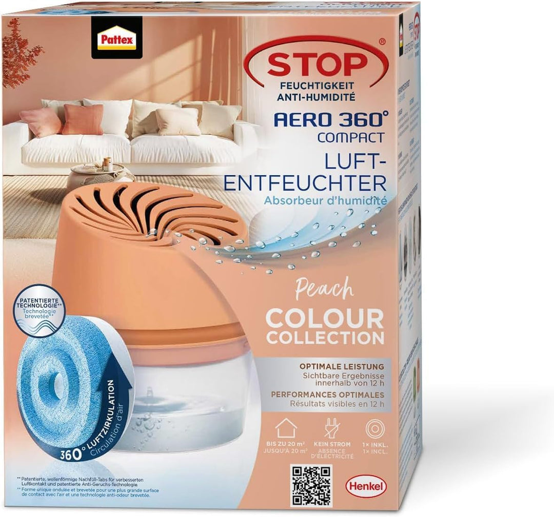 Pattex AERO 360° Kompakt Luftentfeuchter Peach Colour Collection, 1 Gerät inkl. 1 Nachfülltab, Raume
