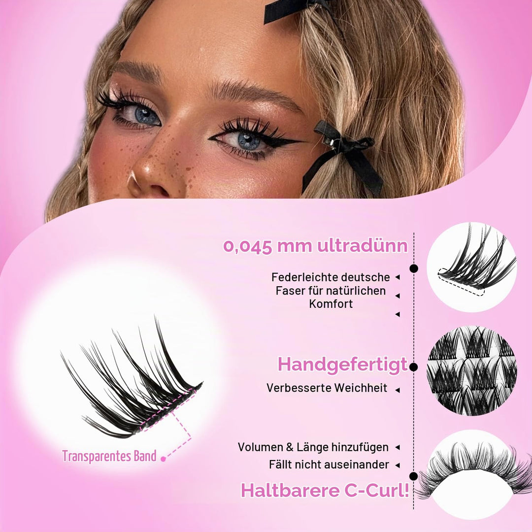 Anime Lash Clusters, 124 Stück Manga Eyelash Extensions 5-16mm, Fluffy D Curl mit Bond and Seal, Pin