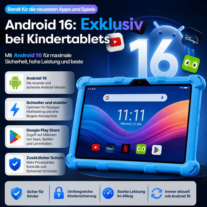 AngelTech Tablet Touchscreen für Kinder XL Pro II – 10 Zoll HD – 4 + 3 GB RAM – 64 + 128 GB ROM – Oc