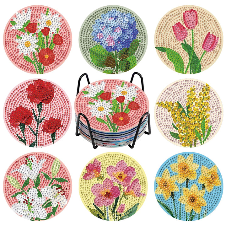 NAIMOER 8 Stück Blumen Diamond Painting Untersetzer mit Halter, DIY Landschaft Diamant Tassenunterse