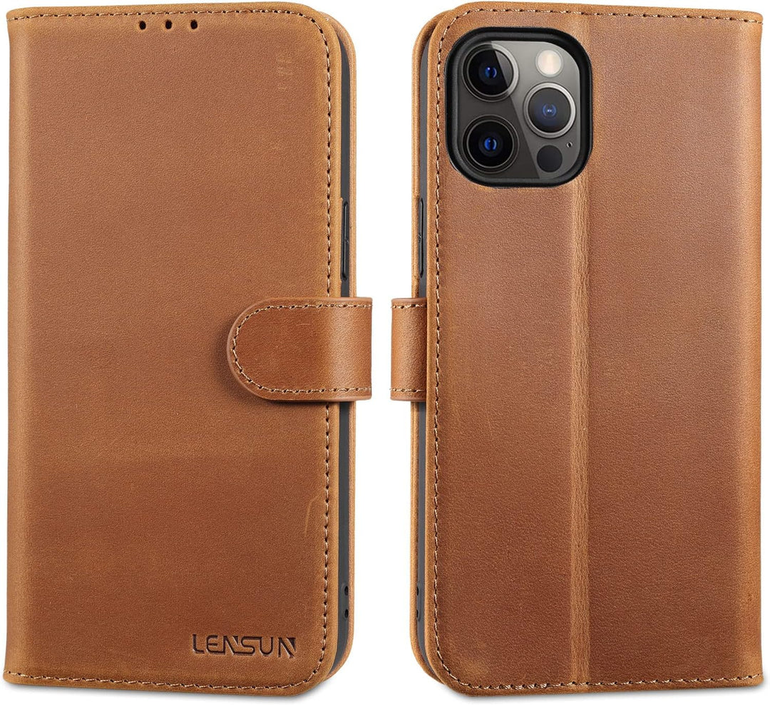 LENSUN Echtleder Hülle für iPhone 12 Pro Max, Handyhülle [Echtes Leder][Magnetverschluss][RFID Schut