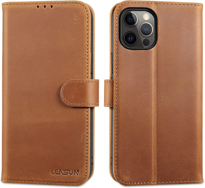 LENSUN Echtleder Hülle für iPhone 12 Pro Max, Handyhülle [Echtes Leder][Magnetverschluss][RFID Schut