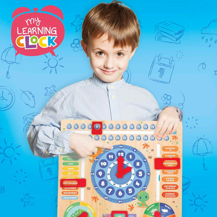 CRAZE My Learning Clock Dino ENGLISCHE SPRACHE - Lernuhr Kinder Holz, Kalenderuhr zum Lernen für Kin