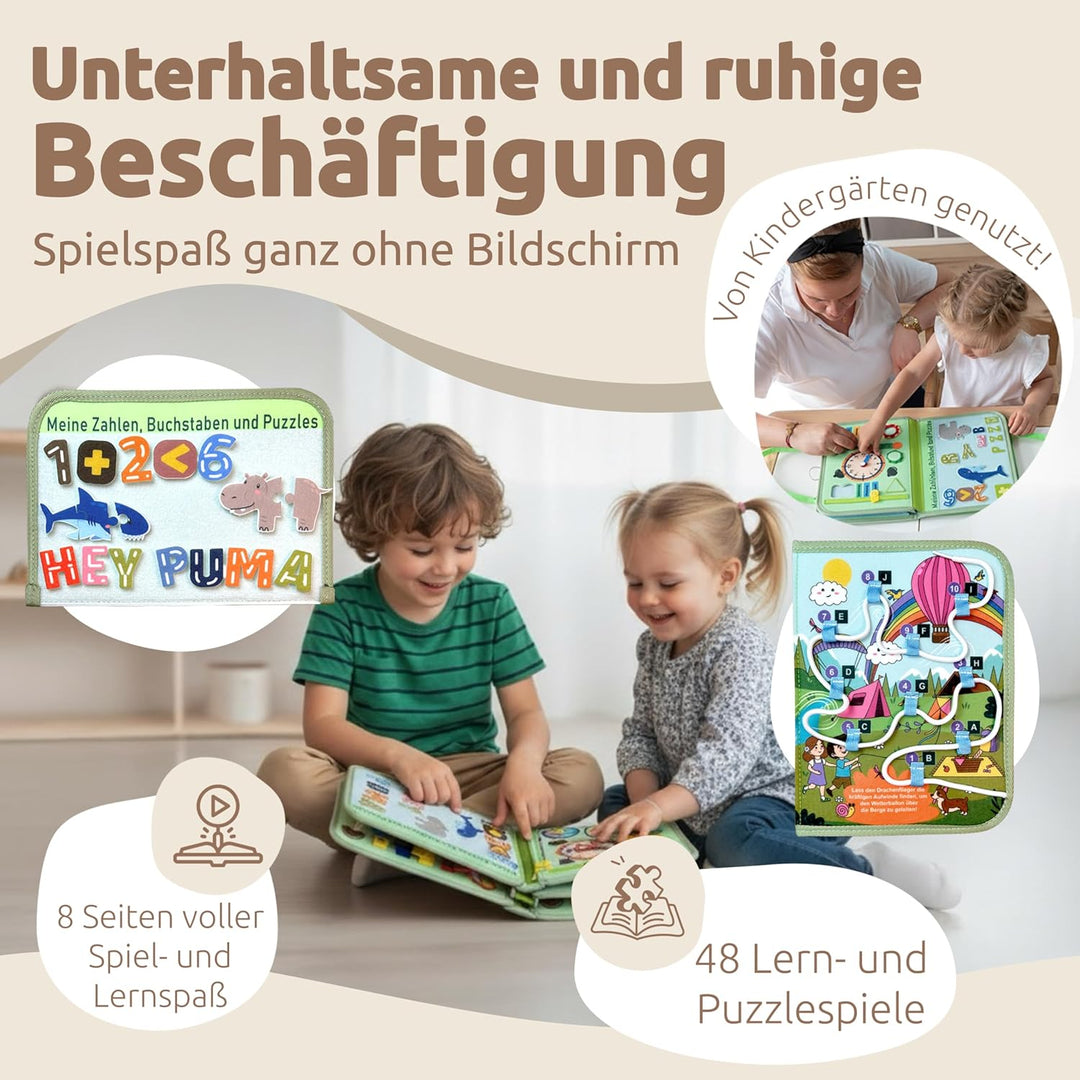 Mallie® Montessori Busy Board mit Rollenspiel-Set & Fingerpuppen [Version 2025] Lernbuch - Fördert F