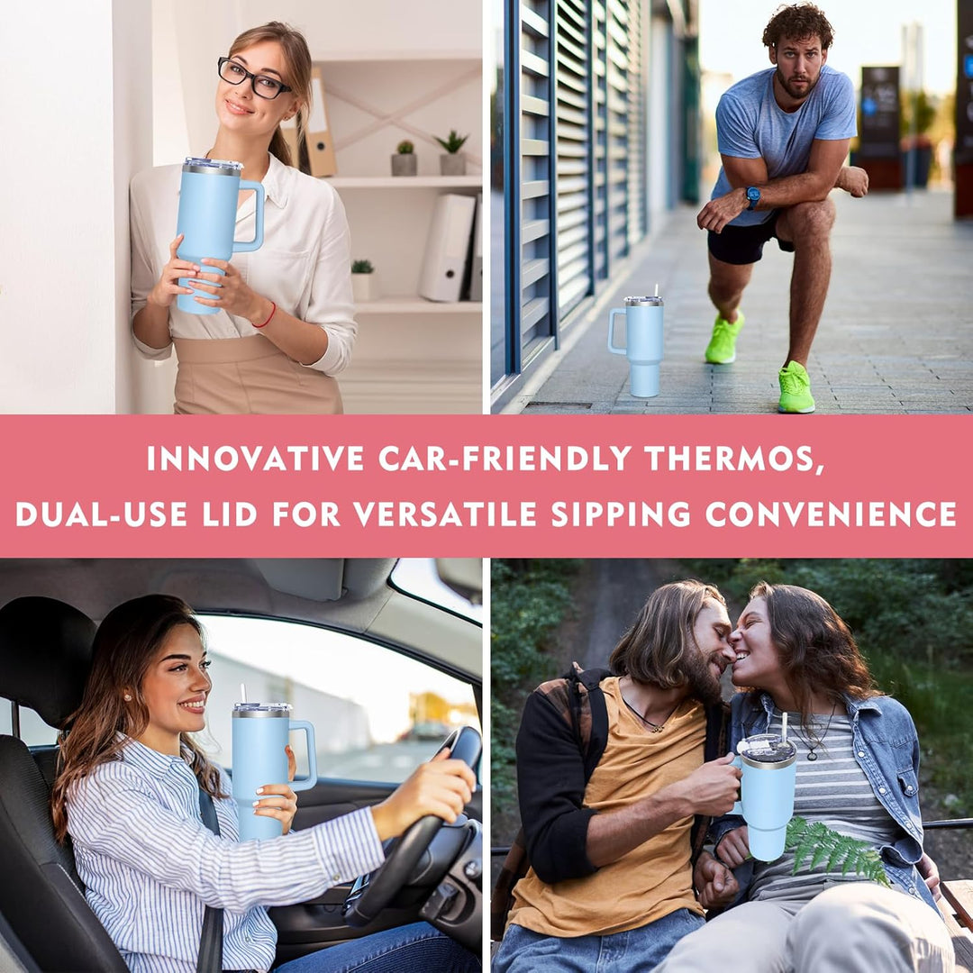 Thermobecher mit 2-in-1-Deckel 1180ML, Kaffeebecher to go Thermo, Trinkbecher mit Deckel und Strohha