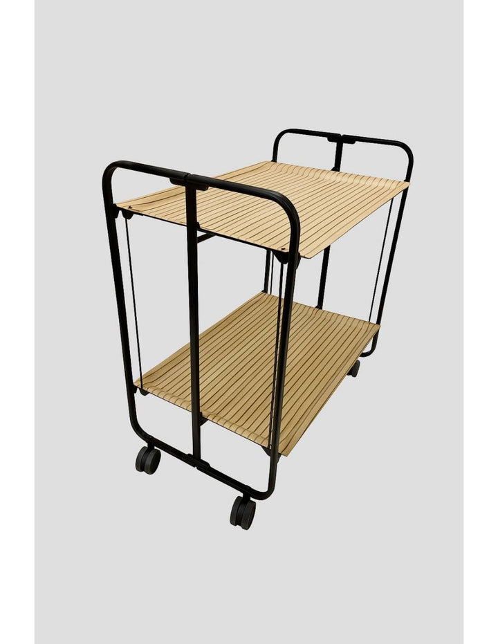 DON HIERRO - Klappbarer Rolltisch Bauhou, 2 Ablagen, Gestell schwarz - Latte-Effekt 66 x 43 x 72 cm.