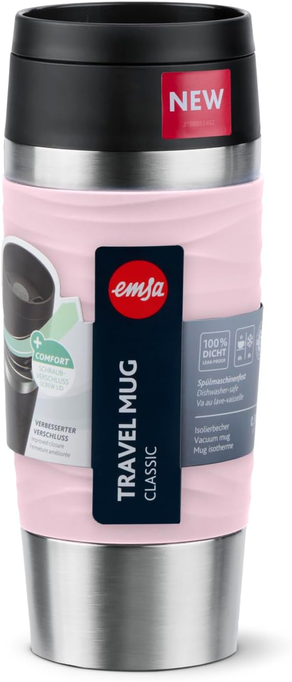 Emsa N20214 Travel Mug Wave Isolierbecher 0,36 Liter | neuer Komfort-Schraubverschluss | Edelstahl |