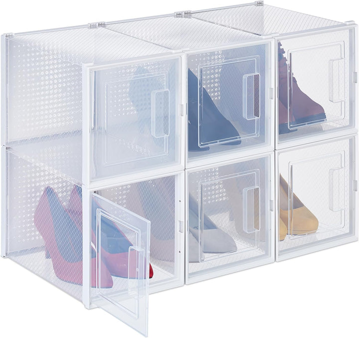 Relaxdays Schuhboxen 6er Set, für High Heels, Schuhorganizer stapelbar, bis Grösse 42, Lüftungsschli