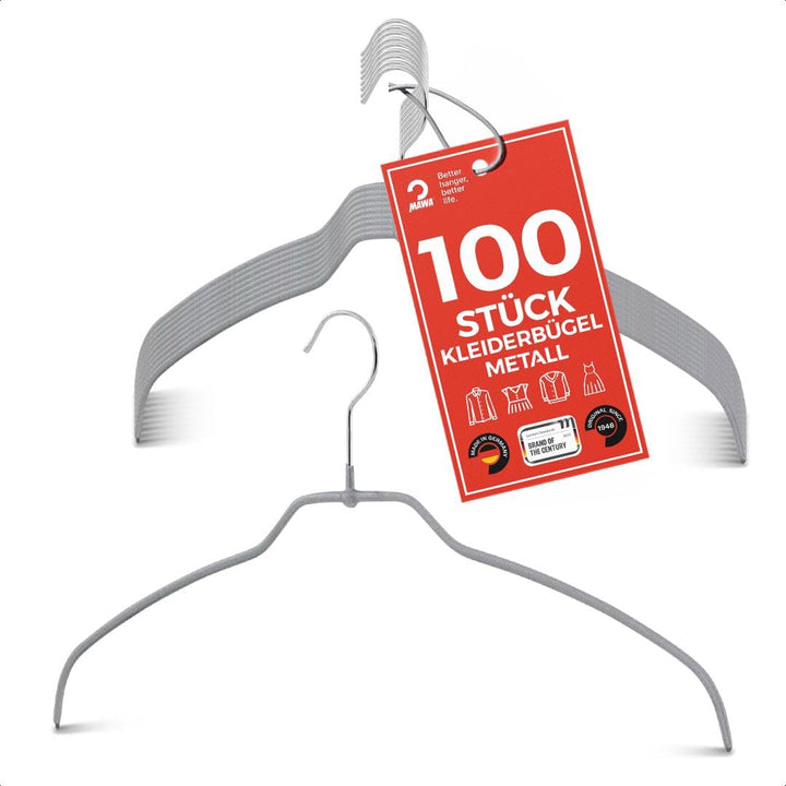 MAWA Kleiderbügel Light, Set mit 100 50% platzsparenden und rutschfesten Bügeln, ideal für Hemden un