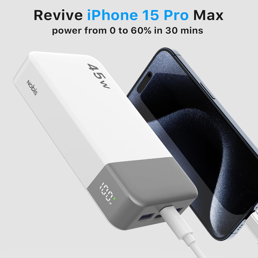 NOBIS Power Bank, Powerbank 20000mAh, 45W Externe Handyakkus Schnellladen, Externer Akku mit C zu C