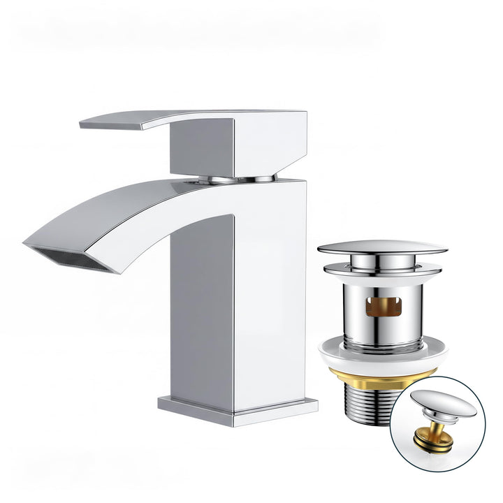 FORIOUS Wasserhahn Bad mit Ablaufgarnitur, Wasserfall Waschtischarmatur mit Auslauf Höhe 60 mm, Misc