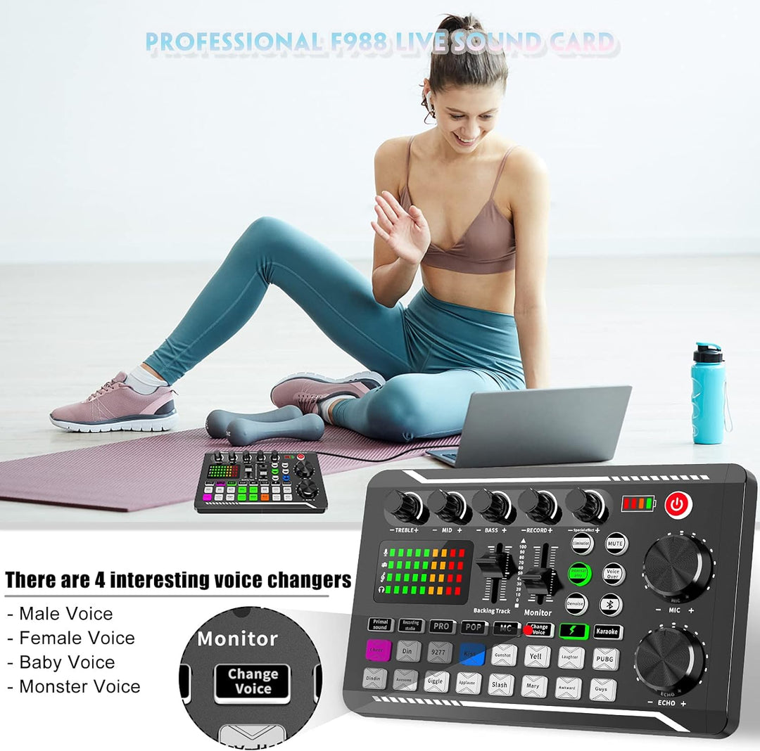 Live-Soundkarte und Audio-Interface mit DJ-Mixer-Effekten und Sprach-Wechsler, F998 Bluetooth Stereo
