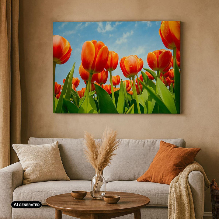 Bilder auf Leinwand Tulpe Blume blauer Himmel Leinwandbild 70x50cm Wandbilder Dekoration Wohnzimmer