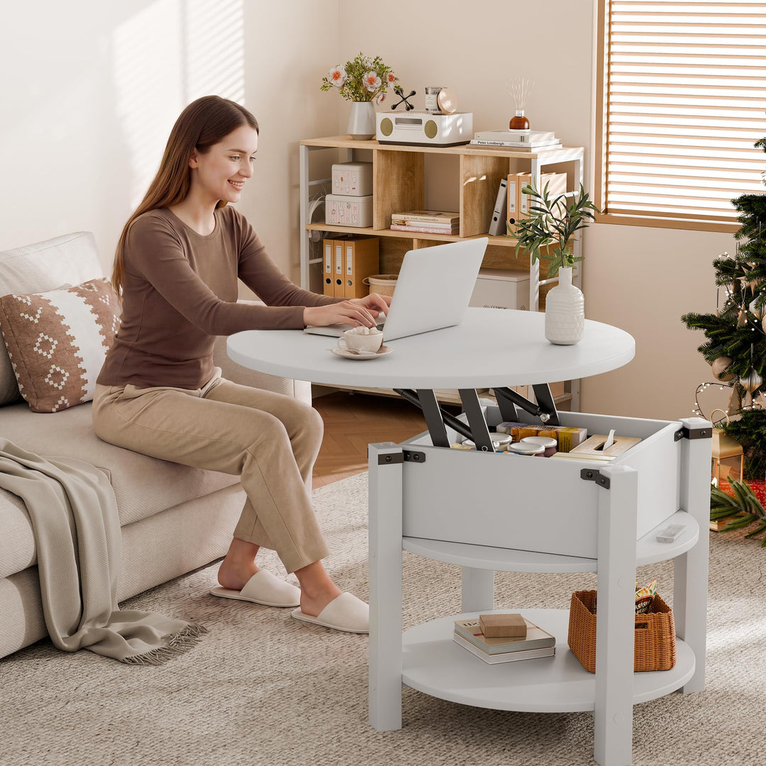 ELUCHANG Couchtisch Rund mit Hebeplatte, Couchtisch Höhenverstellbarer 2 in 1, Beistelltisch Wohnzim