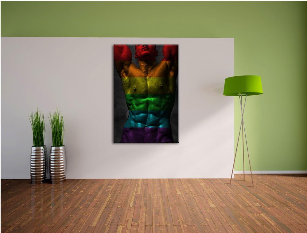 Pixxprint Sixpack Body Mann Regenbogen Format: 100x70 auf Leinwand, 100x70