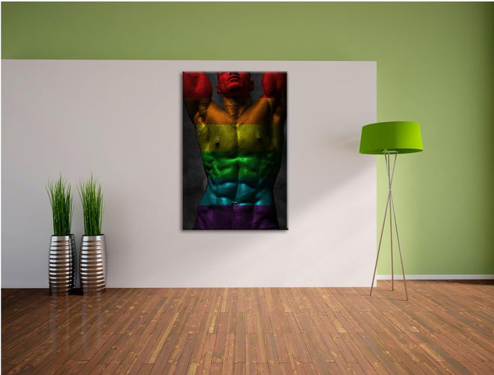 Pixxprint Sixpack Body Mann Regenbogen Format: 100x70 auf Leinwand, 100x70