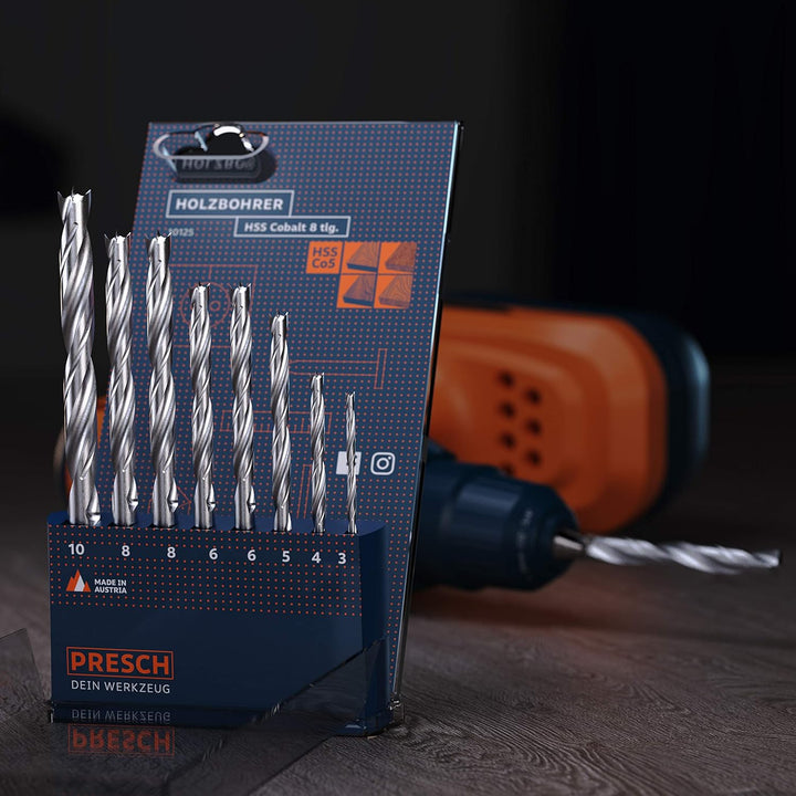Presch Holzbohrer Set HSS Cobalt 8-tlg - Hochwertige 5% cobaltlegierte HSS Bohrer für Holz zum Bohre