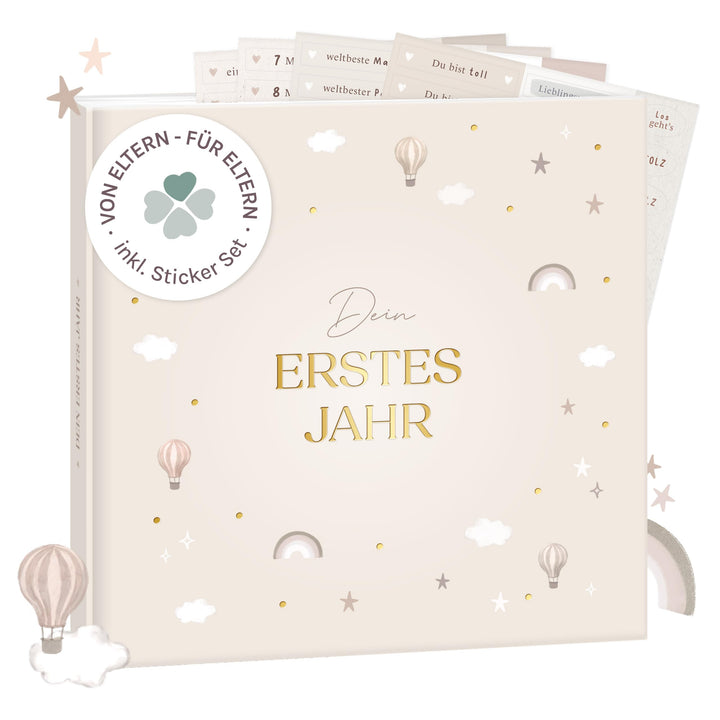 mintkind® Mein erstes Jahr Babyalbum Pattern Beige – sanftes Babytagebuch mit 176 Seiten und Sticker
