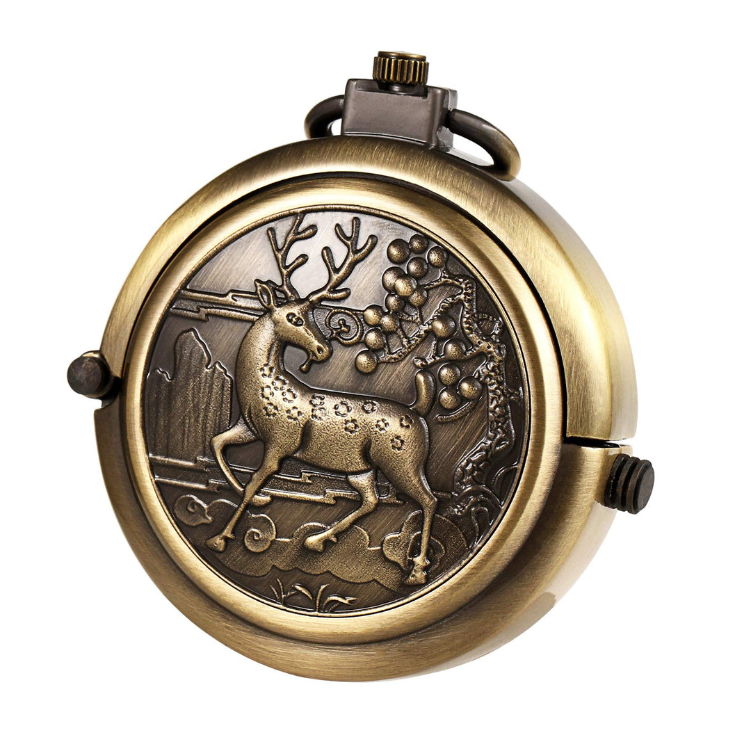 TREEWETO Unisex Taschenuhr mit Kette Analog Handaufzug Pull-Sonderform Gross Hohl Fall Bronze Hirsch