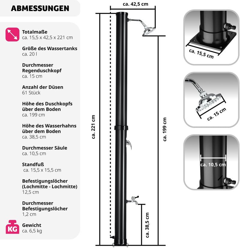 tectake® Gartendusche mit Duschkopf gross und Wasserhahn für Füsse, Solardusche 20l, solar Shower Au