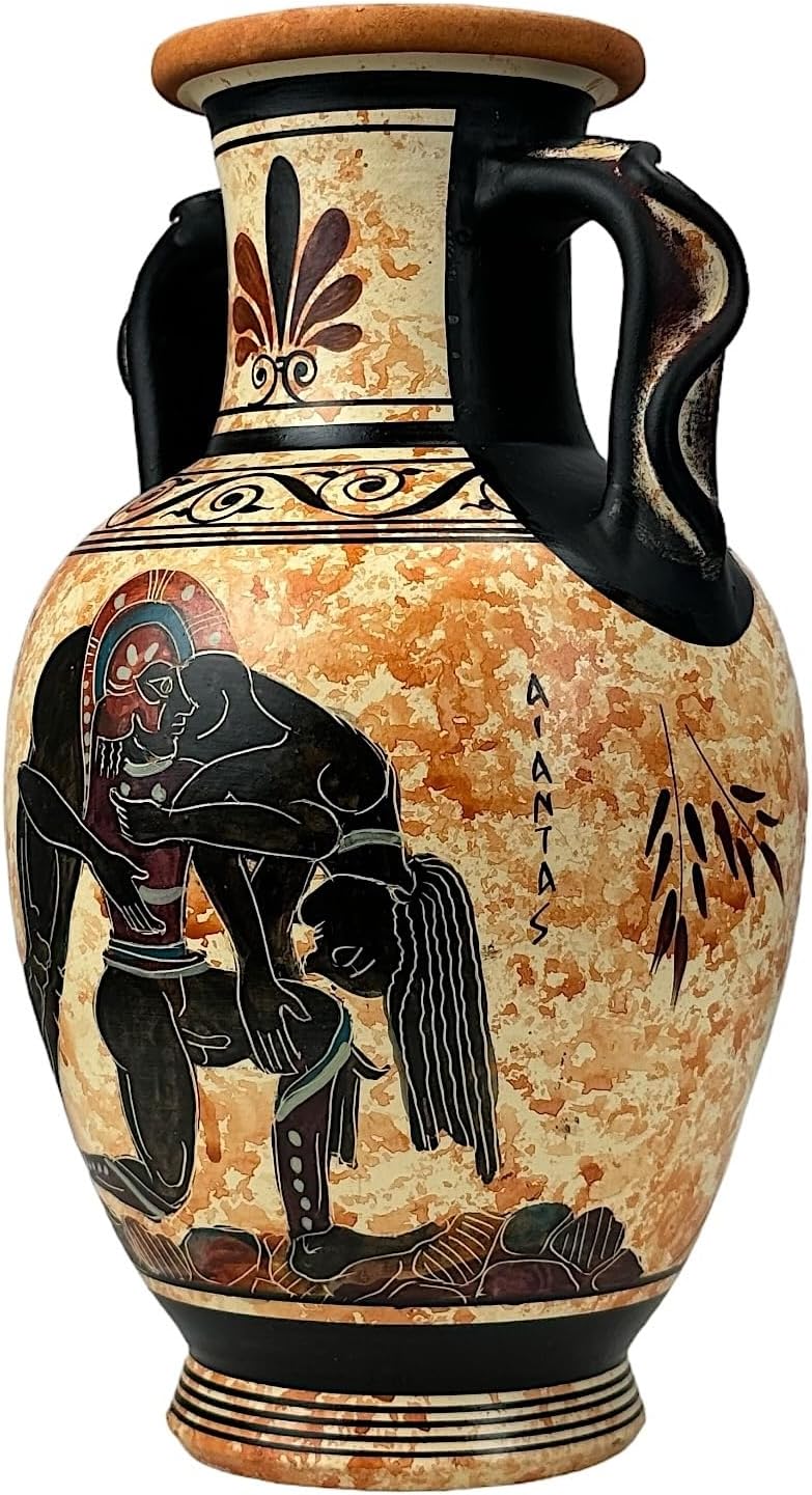 Ajax trägt den Körper der Achilles Amphore Vase Antike griechische Keramik, schwarz, orange, H x B x