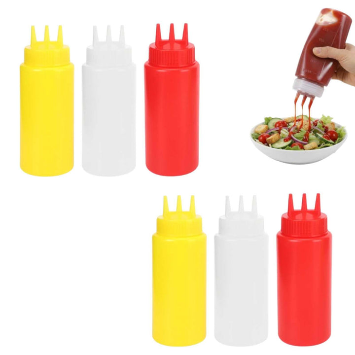 6 Stück Squeeze-Flasche, 3-Loch-Plastik-Squeeze-Gewürzflasche mit Deckel für Salatdressing, Saucen,