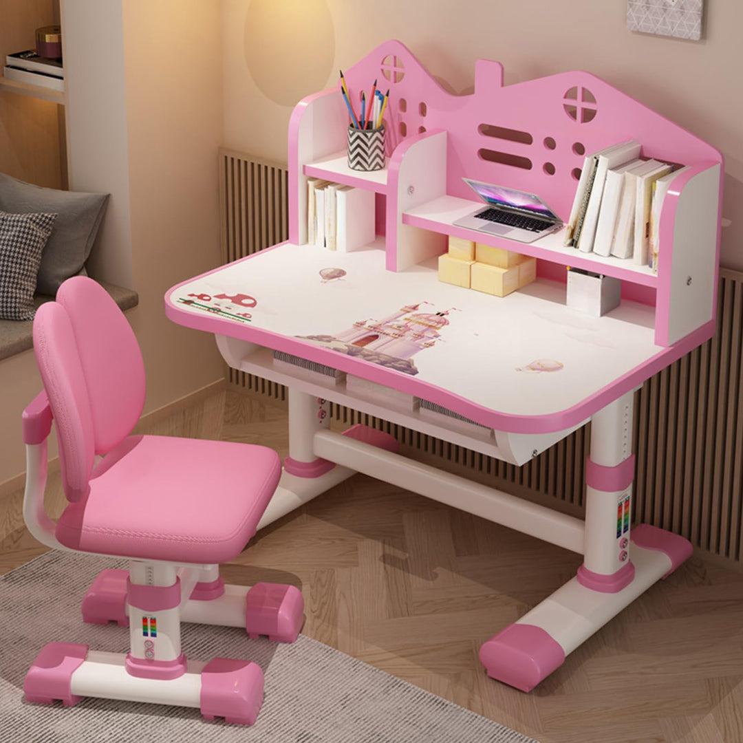 Kinderschreibtisch,Rosa Kinder-Studientisch,Schreibtisch und Stuhl-Set,rutschfest Stabiler Kindersch