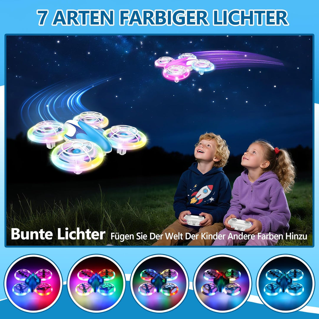 Mini Drohne für Kinder Spielzeug ab 6+ Jahre, Mini Drone Set mit 7 LED Lichteffekte, 3 Akkus, Indoor