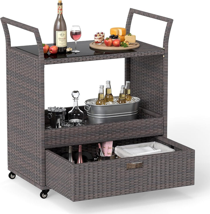 COSTWAY Grillwagen Outdoor, Rattan Servierwagen mit gehärteter Glasplatte, offenes Ablagefach & Schu