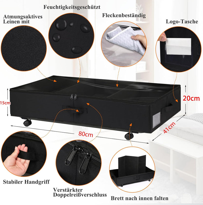 JUPELI 2 Stück Unterbettkommode mit Rollen, 50L Faltbare Unterbett Aufbewahrungsbox, Bettkasten Aufb