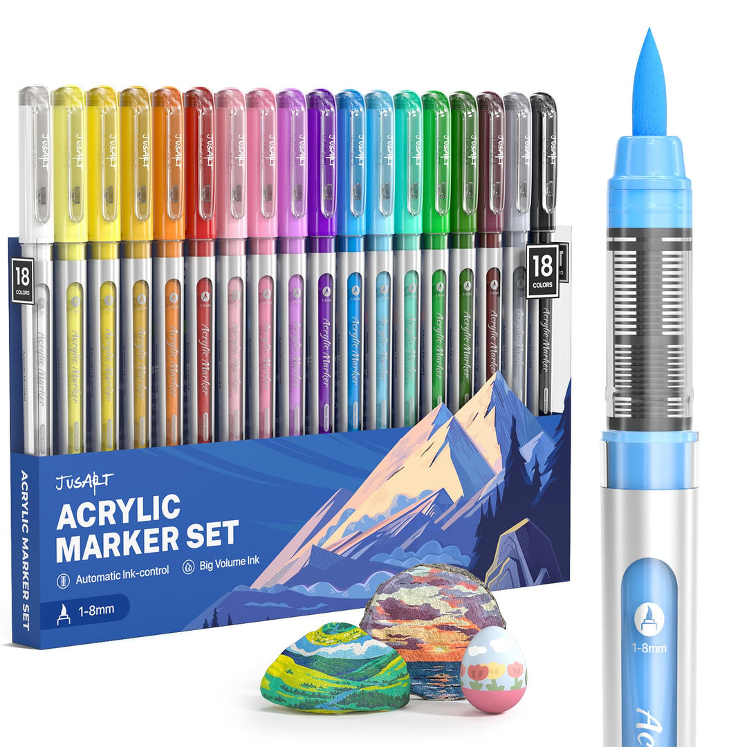 JusArt Acrylstifte 18 Farben set,1–8 mm Wasserfester Acrylmarker Pinsel Tip, für steine bemalen,holz
