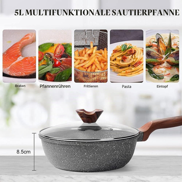 RIOVARM 28cm Tiefe Pfanne Hochrandpfanne, Induktion Antihaft Bratpfanne mit Deckel, Granit beschicht