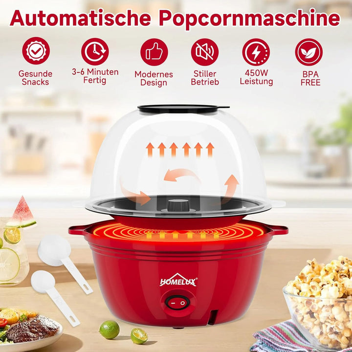 HOMELUX Popcornmaschine Popcorn Maker 450W Mini Popcorn Maschine mit Messlöffel Antihaftbeschichtung