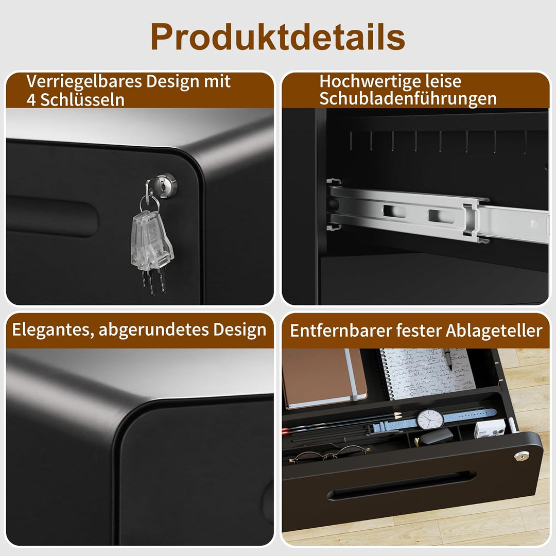 Rollcontainer, Mobiler Aktenschrank mit Schloss, Abgerundeten Ecken, 4 Schlüssel, 3 Schubladen, Druc