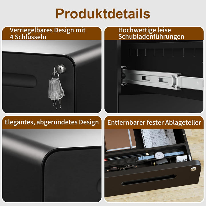Rollcontainer, Mobiler Aktenschrank mit Schloss, Abgerundeten Ecken, 4 Schlüssel, 3 Schubladen, Druc