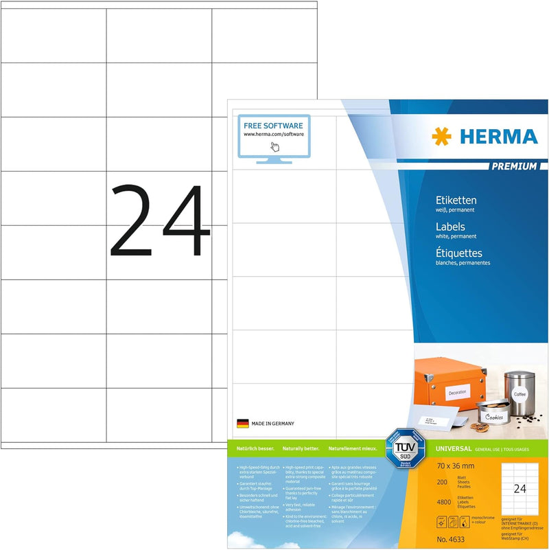 HERMA 4633 Adressetiketten, 200 Blatt, 70 x 36 mm, 24 Stück pro A4 Bogen, 4800 Aufkleber, selbstkleb