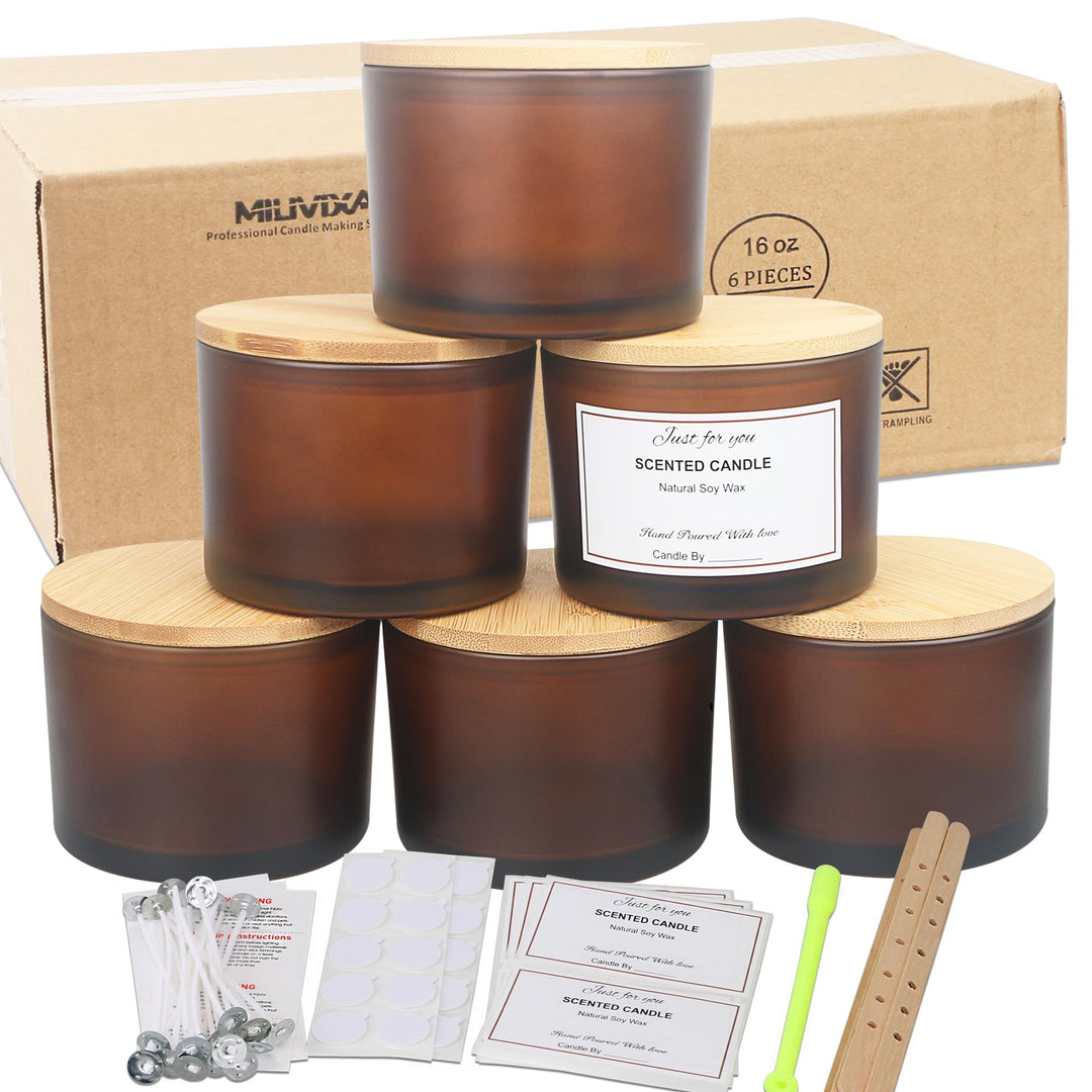 MILIVIXAY 6 x 473 ml Kerzengläser mit Bambusdeckel und Kerzenherstellungs-Kits – 3-Docht-Kerzenglas,