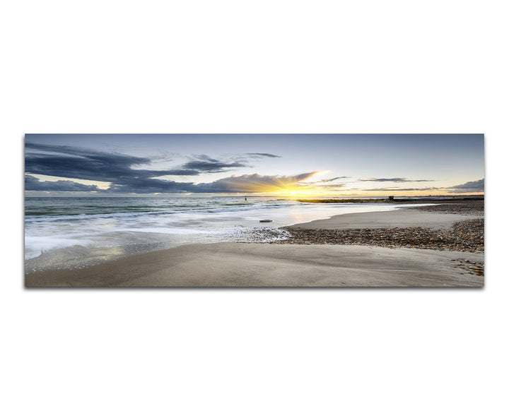 Paul Sinus Art Panoramabild auf Leinwand und Keilrahmen 150x50cm England Strand Meer Wolken Sonnenun