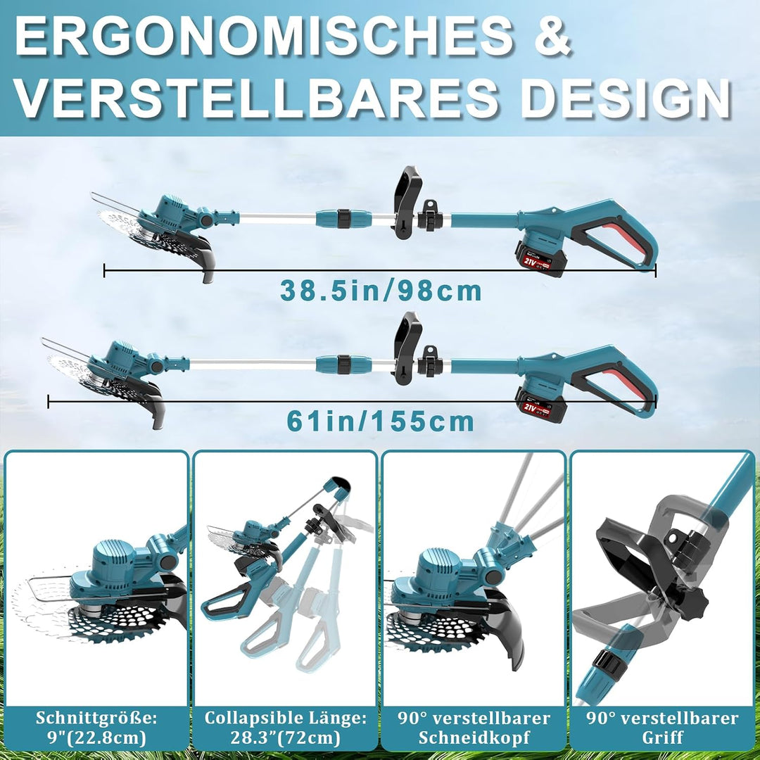 Rasentrimmer für Makita-Akkus mit 4 Klingentypen, Rasentrimmer mit Akku 2 4,0Ah und Unkrautbürste, 4