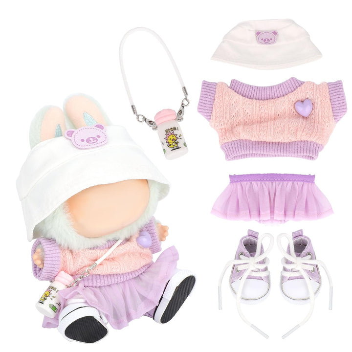 BOXOB Plüschpuppen Kleidung Set, 5stk Kawaii Outfit Enthält Pullover, Lila Tüllrock, Hut, Kleine Was