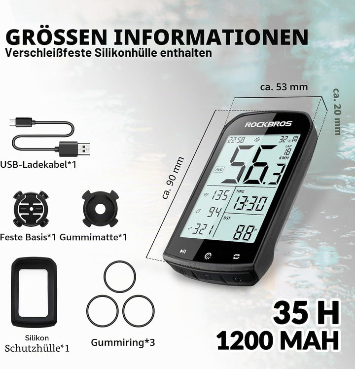 ROCKBROS Fahrradcomputer Kabellos GPS IPX6 wasserdichte Fahrrad Tachometer und Kilometerzähler mit 2