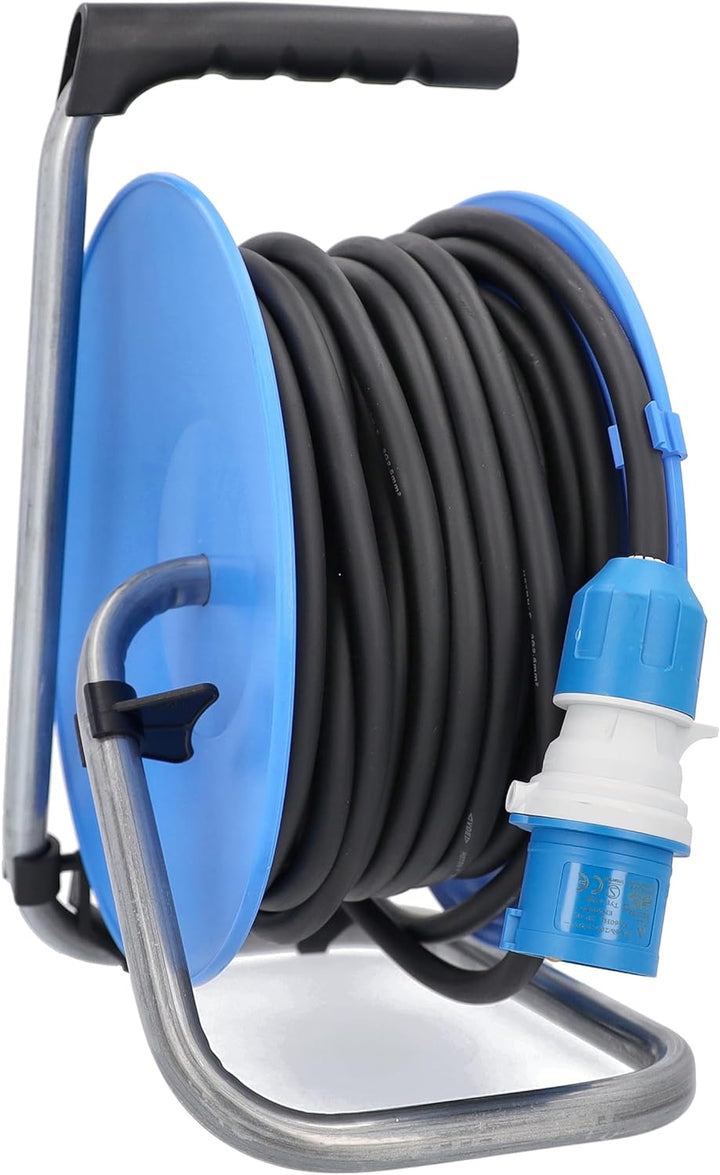 as - Schwabe CEE Outdoor Gerätekabeltrommel, 25m Gummileitung mit CEE-Stecker & -Kupplung mit neuer
