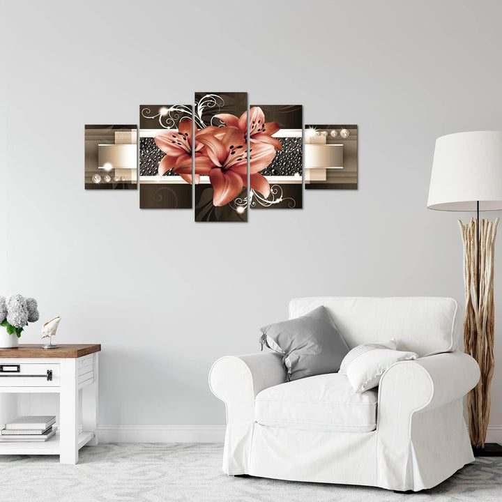 Runa Art Wandbilder Blumen Lilien 5 Teilig Bild auf Vlies Leinwand Deko Wohnzimmer Abstrakt Beige Br