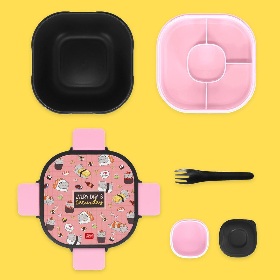 LEGAMI – Lunchbox Sushi Cat, 1 Gabel, 1 Tablett mit Fächern, 1 herausnehmbarer Gewürzbehälter inklus