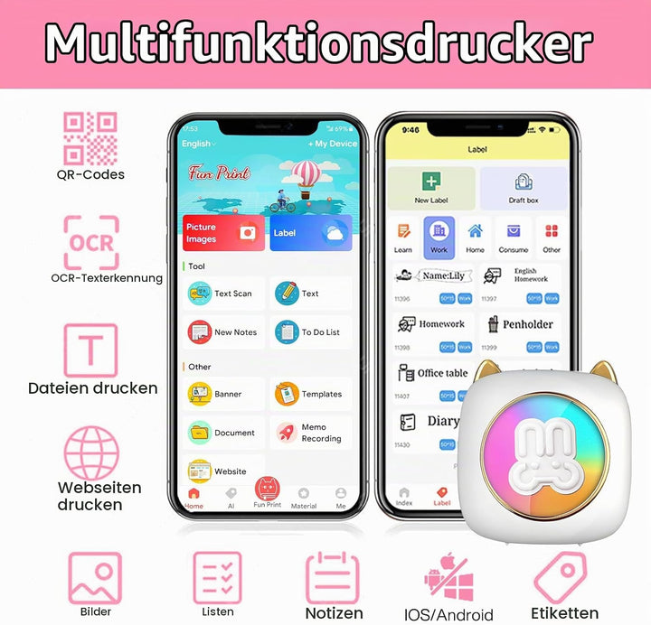 Mobiler Fotodrucker für Android &amp; iOS - Mini Bluetooth Drucker, Wireless mit 14 Rollen Papier für Jo